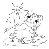 il profilo della pagina di coloritura del gatto sveglio del fumetto si trova in un cestino sotto il sole. illustrazione vettoriale colorata, libro da colorare estivo per bambini