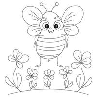 colorazione pagina contorno di cartone animato carino ape vola sopra i fiori. illustrazione vettoriale colorata, libro da colorare estivo per bambini