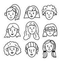 insieme di doodle di vettore di diverse facce di donne e ragazze. icone lineari di una donna con diverse acconciature