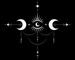 occhio della provvidenza. geometria sacra. occhio che tutto vede all'interno della tripla luna simbolo della dea della luna pagana wicca. illustrazione vettoriale isolata su nero. tatuaggio, astrologia, alchimia, boho e simbolo magico