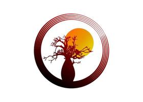 vettore di albero di boab o baobab isolato, icona del concetto del logo del cerchio della siluetta dell'albero, segno dell'illustrazione isolato su sfondo del tramonto
