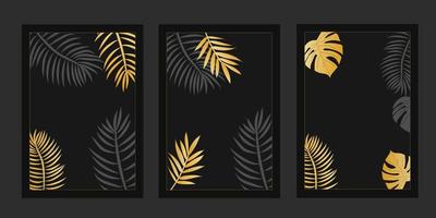 modelli moderni e lussuosi in colore nero e oro, adatti per cartoline, poster, striscioni, sfondi. con foglie dorate e foglie di palma vettore