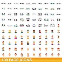 100 icone del viso impostate, stile cartone animato vettore