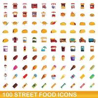 100 icone di cibo di strada impostate, stile cartone animato vettore