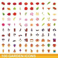 100 icone del giardino impostate, stile cartone animato vettore