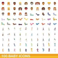 100 icone del bambino impostate, stile cartone animato vettore