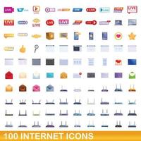 100 icone di internet impostate, stile cartone animato vettore
