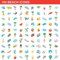 100 icone della spiaggia impostate, stile 3d isometrico vettore