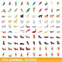 100 icone animali impostate, stile cartone animato vettore