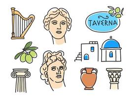 un insieme di immagini vettoriali sul tema della grecia in uno stile lineare. icone vettoriali in stile doodle.