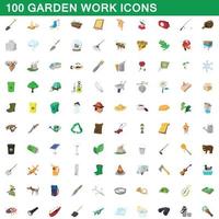 100 icone di lavoro in giardino, stile cartone animato vettore