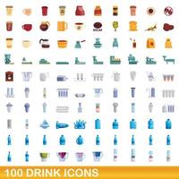 100 set di icone di bevande, stile cartone animato vettore