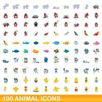 100 icone animali impostate, stile cartone animato vettore