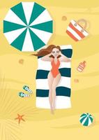 ragazza in occhiali da sole prende il sole sulla spiaggia sotto un ombrellone accanto alla palla, borsa, crema solare, conchiglie, stelle marine. vettore