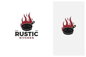 vintage retrò rustico vecchia padella in ghisa con fuoco, logo classico della cucina del ristorante vettore