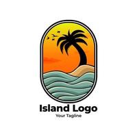 design del logo dell'isola con palme da cocco e tramonto vettore