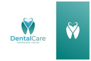 logo cuore e denti, cure dentistiche, design del logo vettoriale della clinica dentale