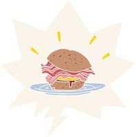 cartone animato incredibilmente gustoso panino per la colazione con pancetta e formaggio e fumetto in stile retrò vettore