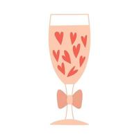 un bicchiere con cuori e un fiocco. un bicchiere con un drink. un elemento decorativo per San Valentino. illustrazione vettoriale a colori isolata su uno sfondo bianco.