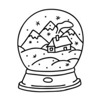 globo di neve con casa e montagne in stile doodle. lo schizzo è disegnato a mano e isolato su uno sfondo bianco. elemento di design natalizio. disegno di contorno. illustrazione vettoriale in bianco e nero.