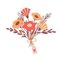 una semplice composizione floreale con fiori, un fiocco e un San Valentino. bouquet con fiori e ramoscelli gialli e rossi infantili astratti. illustrazione botanica vettoriale isolato su uno sfondo bianco.