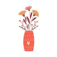 un bouquet con semplici fiori rosa e gialli in un vaso a righe e cuori. elemento decorativo per biglietti di San Valentino. semplice illustrazione vettoriale a colori piatti isolata su sfondo bianco.