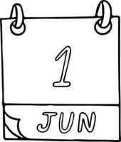 calendario disegnato a mano in stile doodle. 1 giugno. Giornata internazionale dei bambini, genitori globali, latte mondiale, data. icona, elemento adesivo per il design. pianificazione, vacanza d'affari vettore