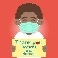 il bambino ha tenuto un cartello con un messaggio che ringrazia i medici e gli infermieri che lavorano in ospedale e che combattono con il coronavirus, illustrazione vettoriale sfondo per il tuo design