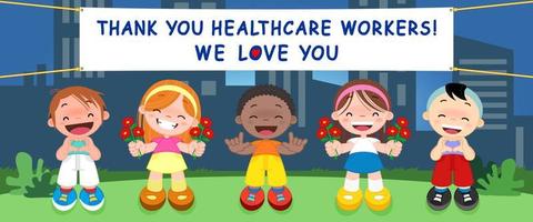 i bambini mostrano gratitudine a medici, infermieri e personale medico che lavora negli ospedali e combatte il coronavirus, illustrazione vettoriale per il design
