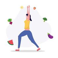 donna che fa yoga per strada. concetto di maratona di fitness, corretta alimentazione, cibo sano, gestione del peso, bel corpo, verdure, dimagrimento. illustrazione vettoriale in design piatto