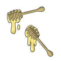 una serie di immagini, miele che gocciola, un cucchiaio di legno per il miele, un'illustrazione vettoriale in stile cartone animato su sfondo bianco