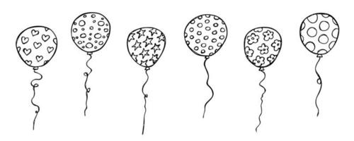 insieme disegnato a mano dell'illustrazione del pallone volante. doodle di palloncini per feste di compleanno. clipart di vacanza. vettore