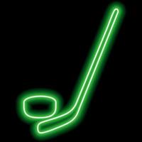 una semplice immagine di una mazza da hockey e di un disco. contorno al neon verde. illustrazione dell'icona di vettore