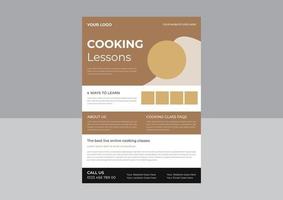 modello di layout per volantino corsi di cucina, giovane chef donna in possesso di oggetto da cucina e mostrando gesto delizioso, design volantino corso di cucina. progettazione di volantini per poster di lezioni di cucina online. vettore