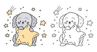 pagina da colorare per bambini. simpatico cane cartone animato con stelle. personaggio del cucciolo di labradoodle. illustrazione vettoriale per bambini in età prescolare, gioco, stampa e istruzione.