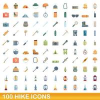 100 set di icone di escursione, stile cartone animato vettore