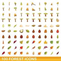 100 icone della foresta impostate, stile cartone animato vettore