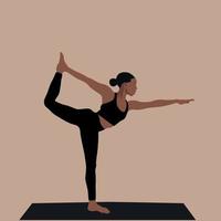 ragazza yoga. donna afroamericana che fa pose di yoga. posa di yoga natarajasana della donna di colore. uno stile di vita sano. illustrazione di moda per femminilità, bellezza e salute mentale. pilates, fitness. vettore. vettore