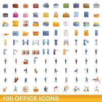 100 set di icone per ufficio, stile cartone animato vettore