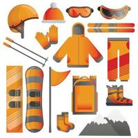 set di icone per attrezzature da snowboard, stile cartone animato vettore