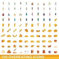 100 set di icone di eccesso di cibo, stile cartone animato vettore