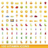 100 icone di vitamine impostate, stile cartone animato vettore