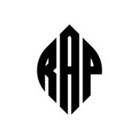design del logo della lettera del cerchio rap con forma circolare ed ellittica. lettere di ellisse rap con stile tipografico. le tre iniziali formano un logo circolare. vettore del segno della lettera del monogramma astratto dell'emblema del cerchio rap.