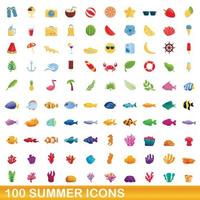 100 icone estive impostate, stile cartone animato vettore