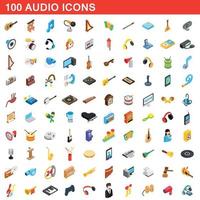 100 icone audio impostate, stile 3d isometrico vettore