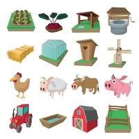 set di icone dei cartoni animati di fattoria vettore