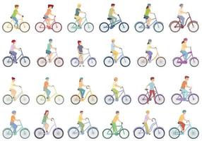 bambini che ciclano le icone impostano il vettore del fumetto. bici per bambini