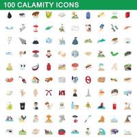 100 icone di calamità impostate, stile cartone animato vettore