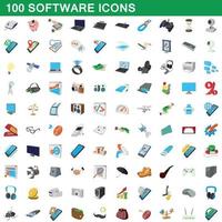 100 icone software impostate, stile cartone animato vettore