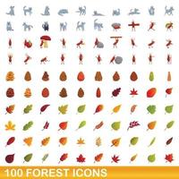 100 icone della foresta impostate, stile cartone animato vettore